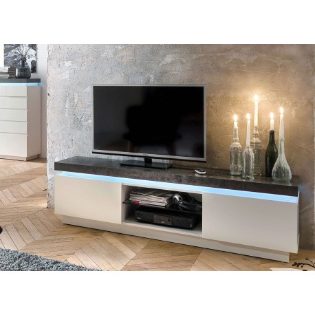 Meuble TV design laqué blanc mat et béton à led