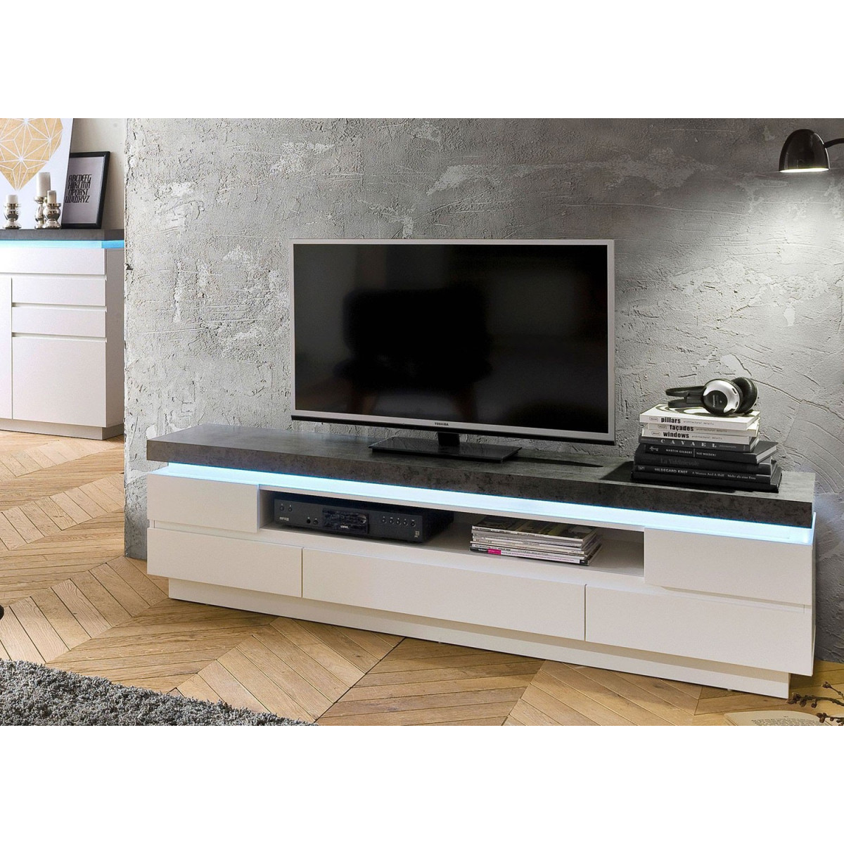 Meuble TV design laqué blanc mat et effet béton à led