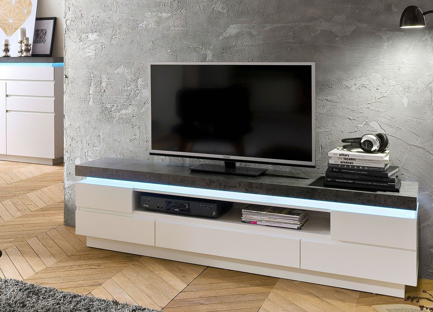 Meuble TV haut blanc laqué blanc mat et chêne 182 cm - Cbc-Meubles