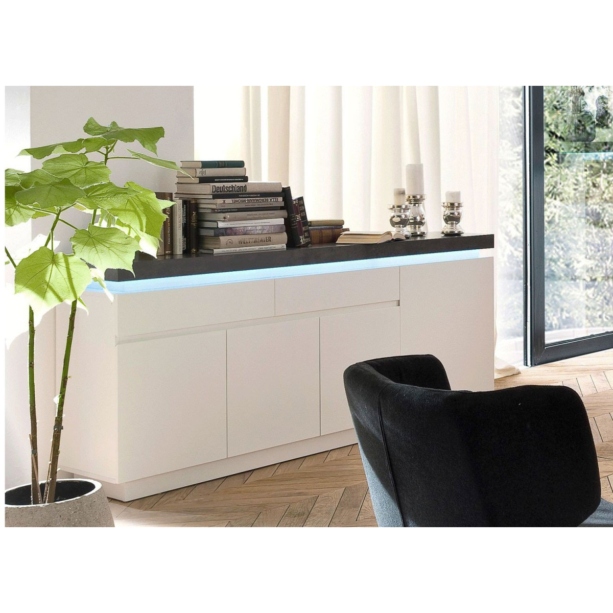 Buffet design laqué blanc mat et béton à led