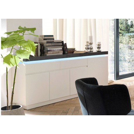 Buffet design laqué blanc mat et béton à led