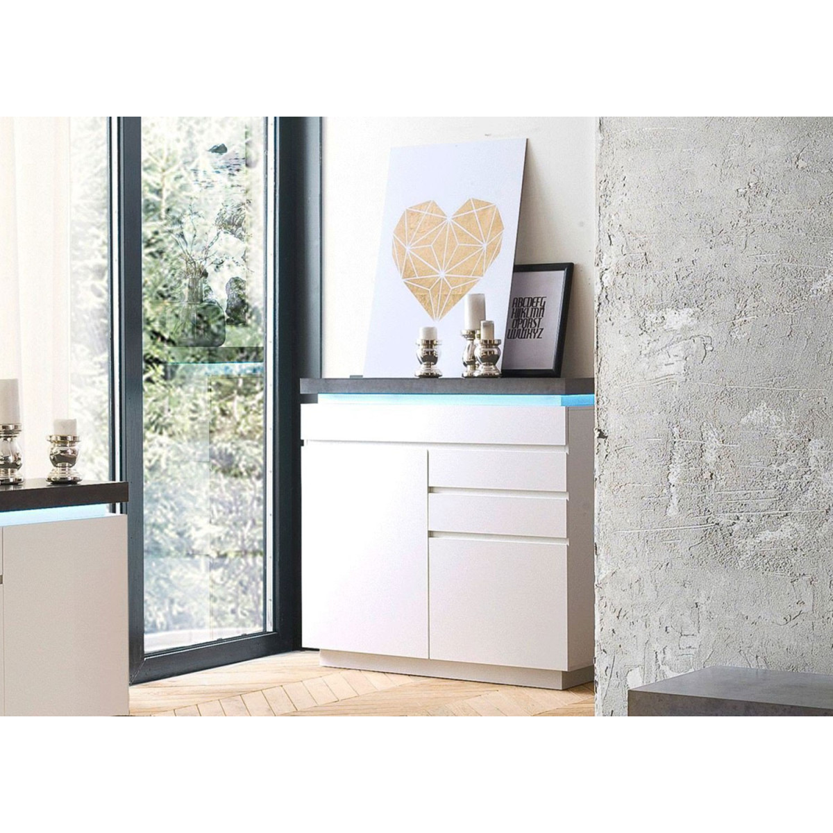 Commode design blanche laquée matte et grise