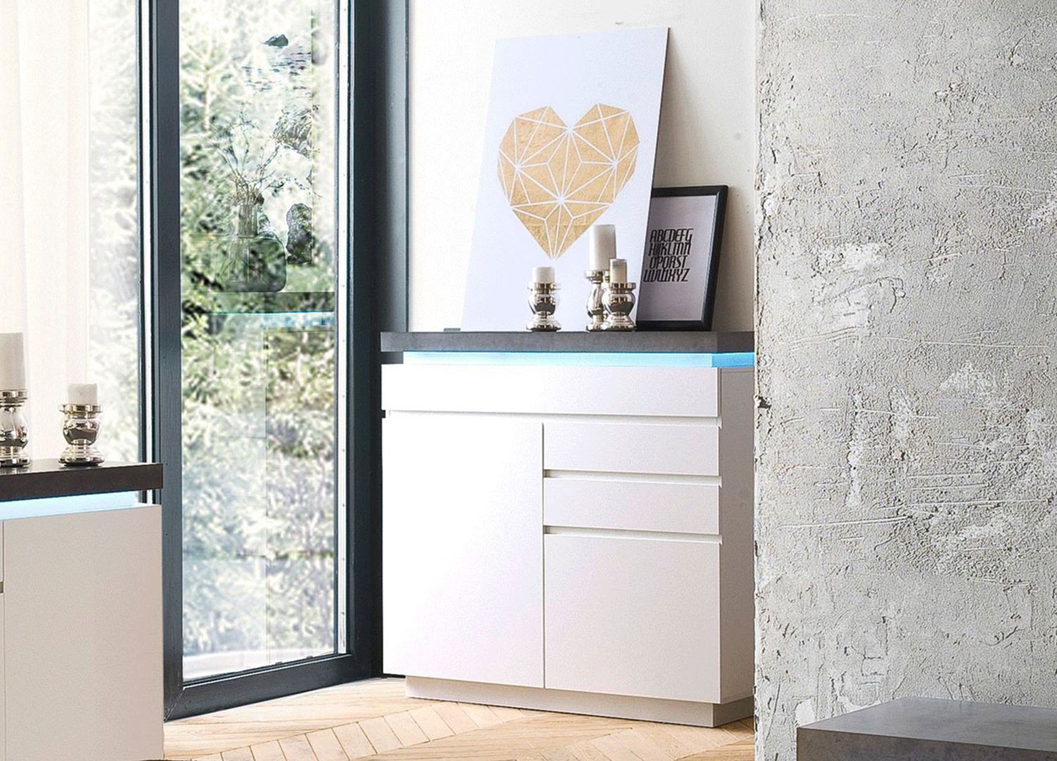 Commode design blanche laquée matte et grise