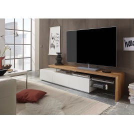 Meuble TV design blanc et plateau chêne massif