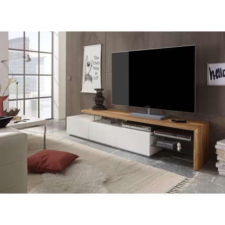 Meuble TV design blanc et plateau chêne massif