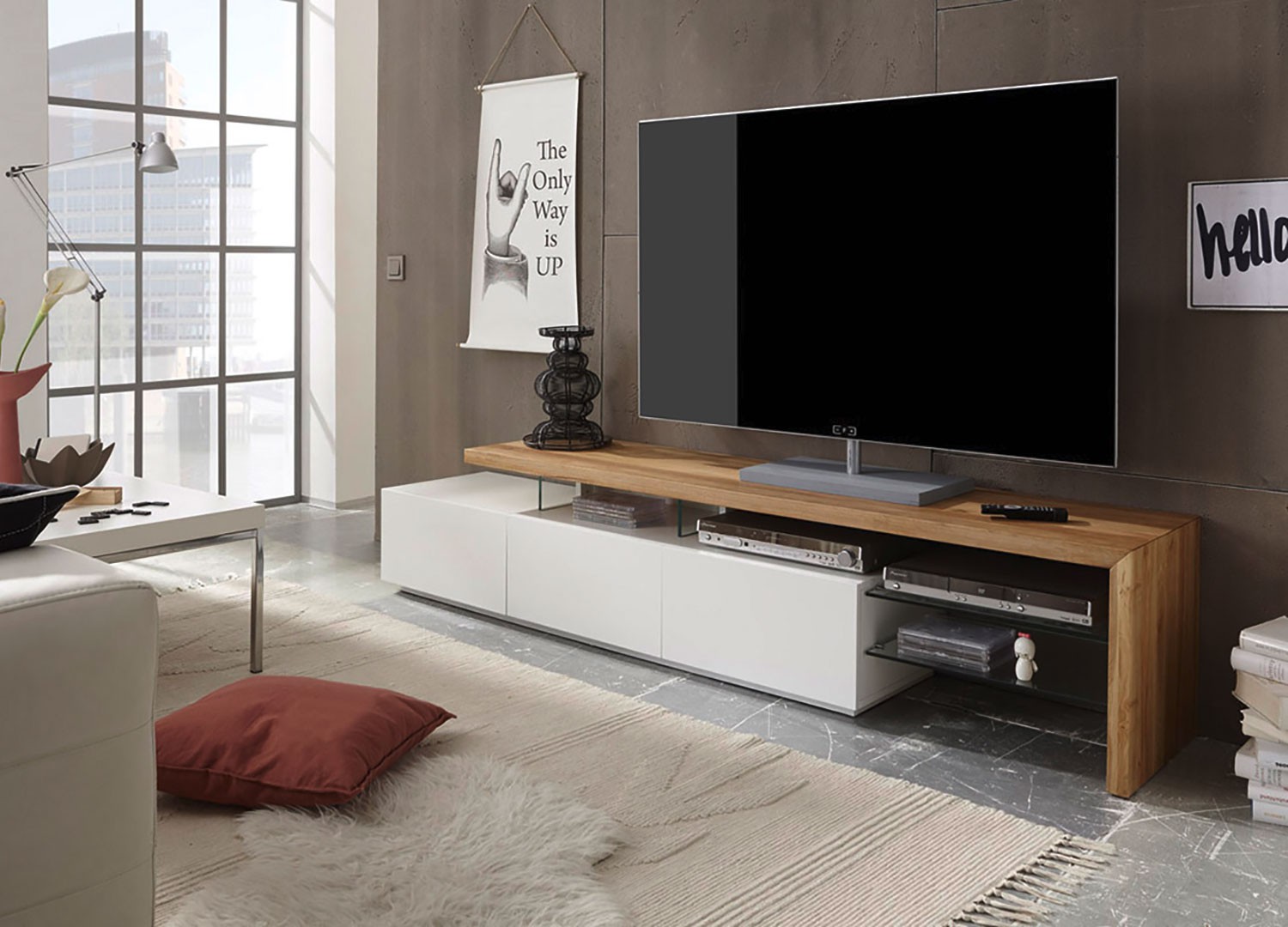 Meuble TV design blanc et plateau chêne massif