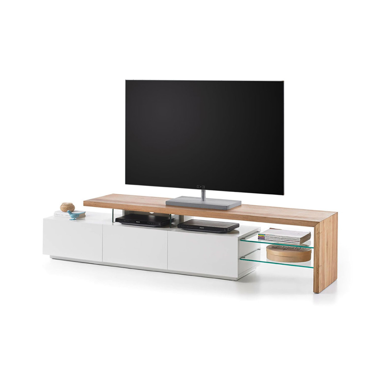 Meuble TV design blanc et plateau chêne massif