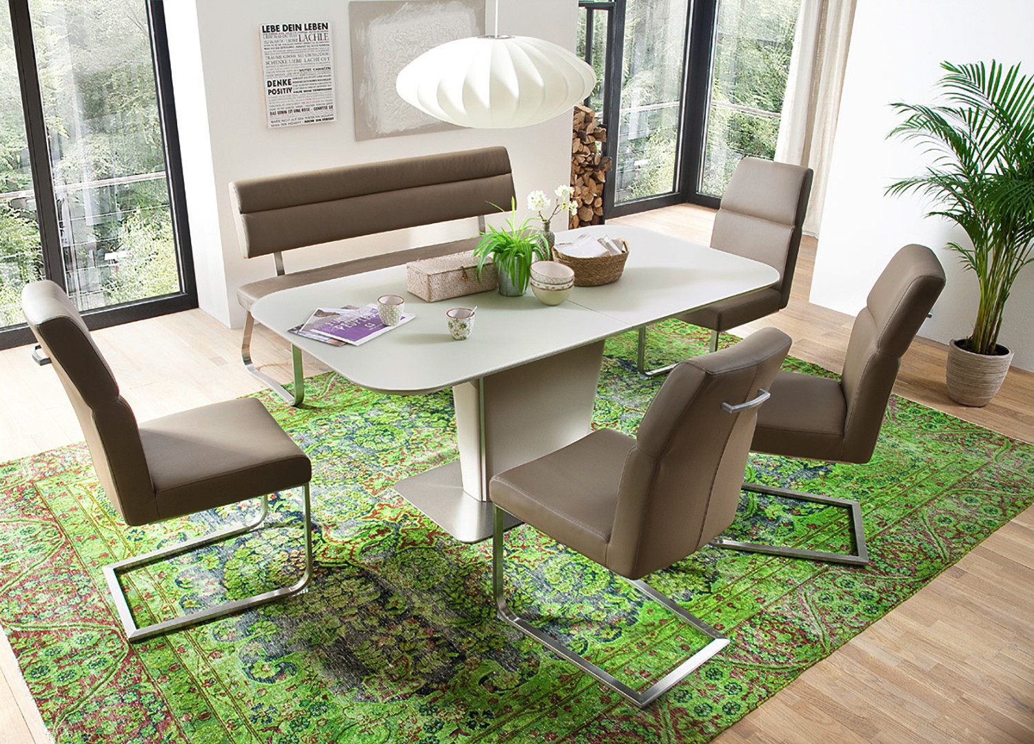 Table repas taupe avec allonge plateau verre