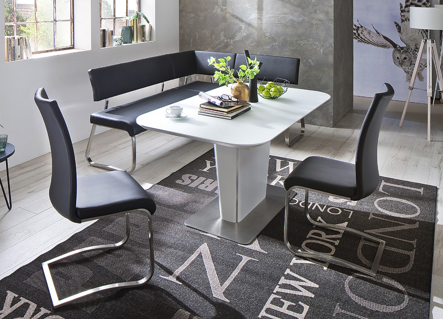 Table repas blanche avec allonge plateau verre