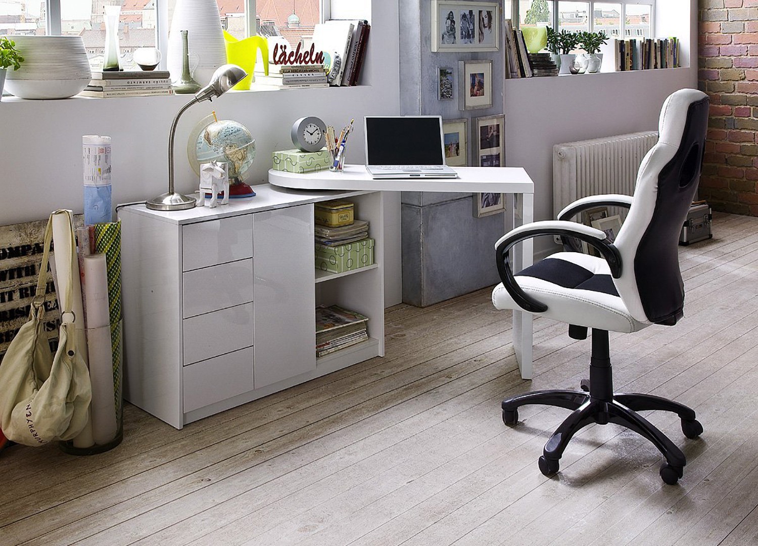 Bureau design blanc laqué plateau pivotant