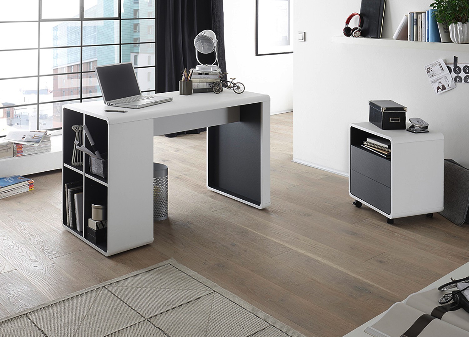 Bureau blanc et anthracite avec caisson