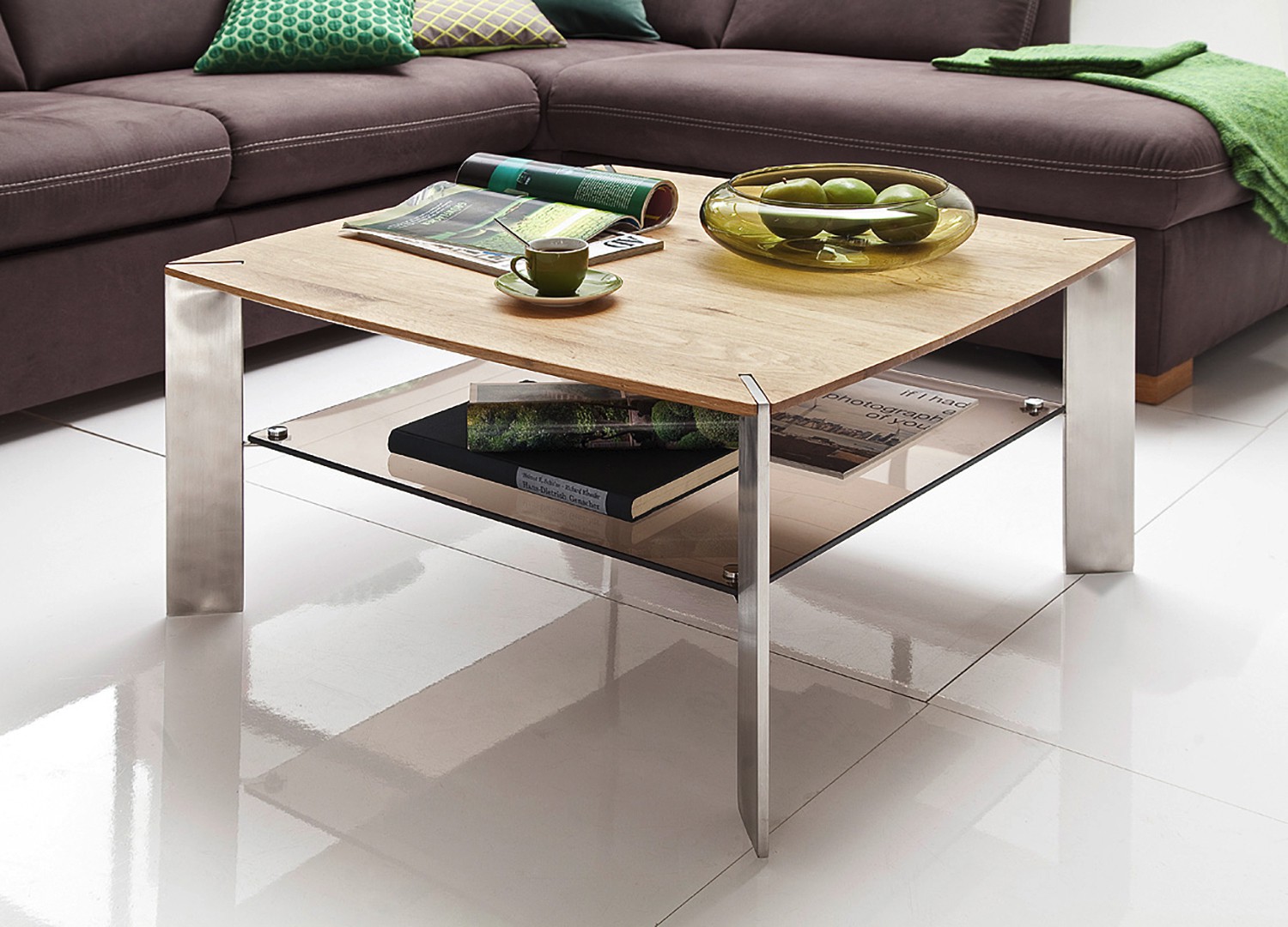 Table basse carrée chêne massif et verre