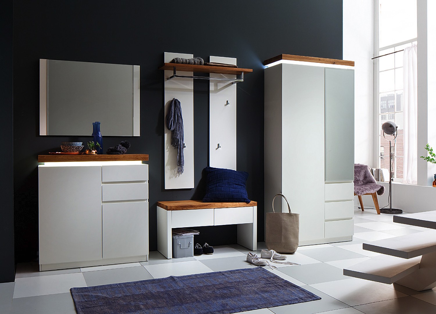 Ensemble de meubles d'entrée blanc et chêne massif