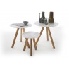 Lot de 3 tables d'appoint blanc laqué mat et bois