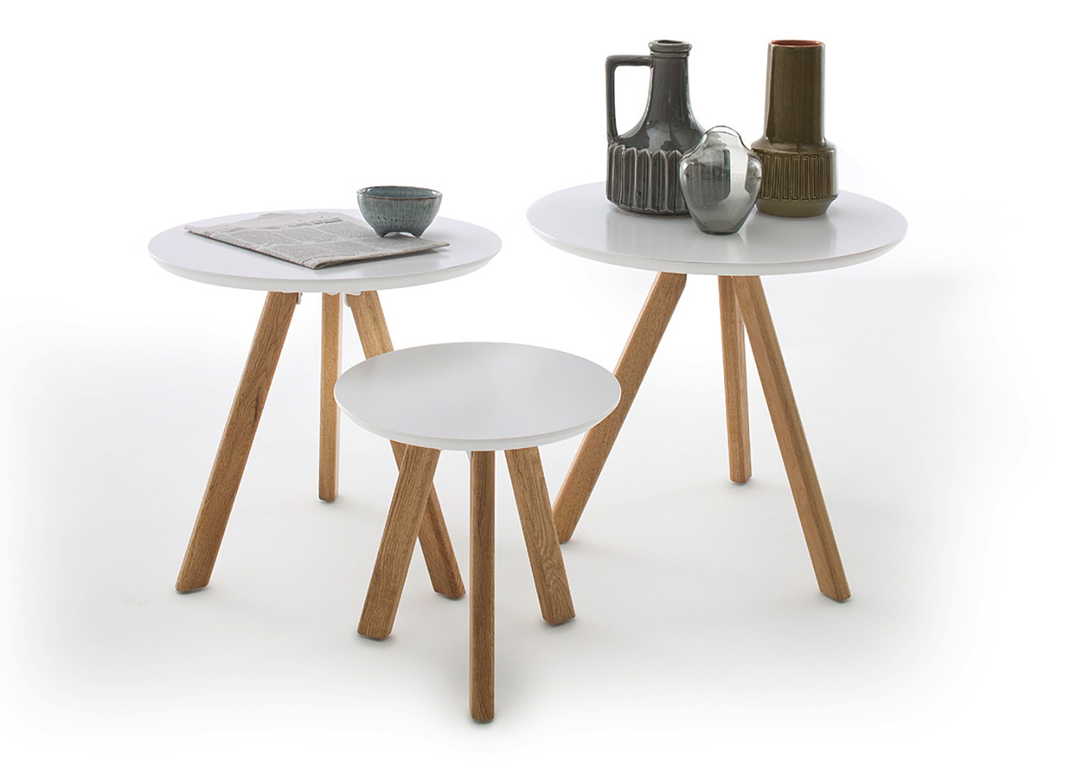 Lot de 3 tables d'appoint blanc laqué mat et bois