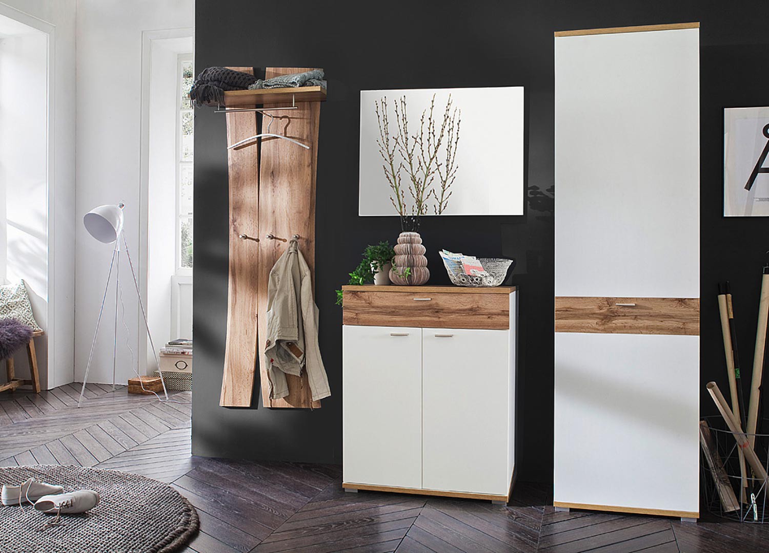 Ensemble de meubles d'entrée blanc et chêne wotan