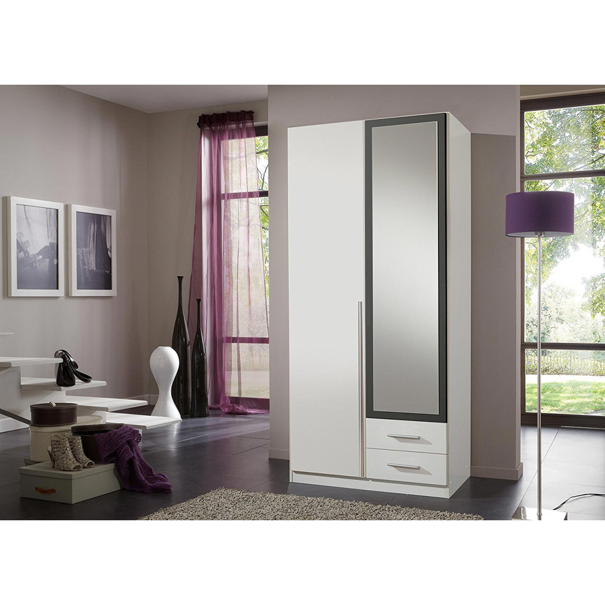 Armoire 2 portes et 2 tiroirs 90 cm avec miroir