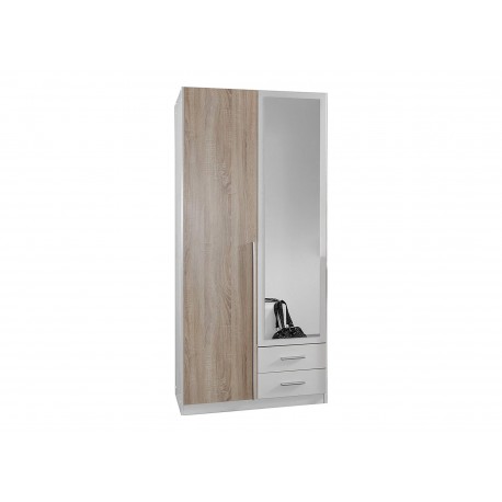 Armoire 2 portes blanche et chêne avec miroir
