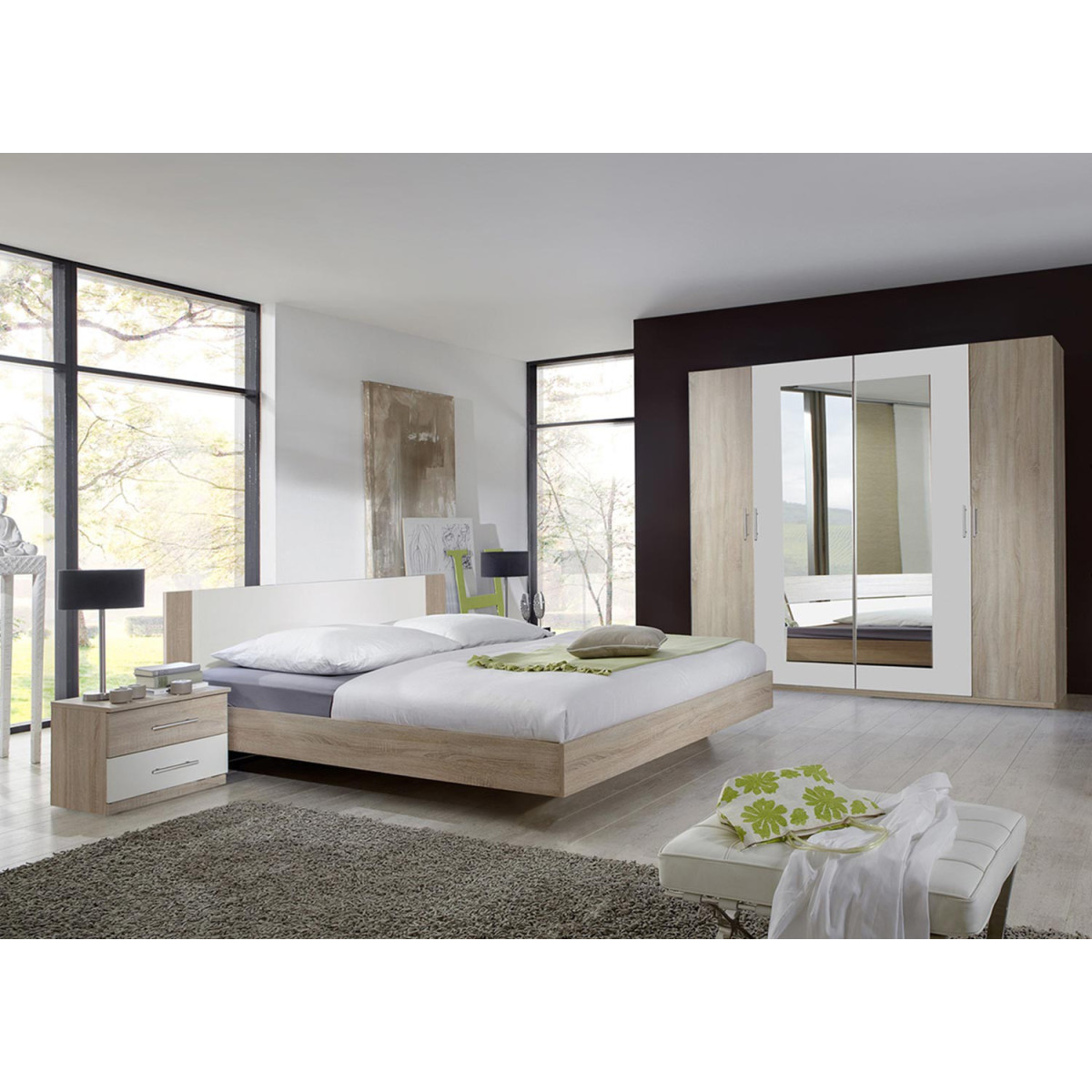 Chambre adulte complète chêne clair et blanc