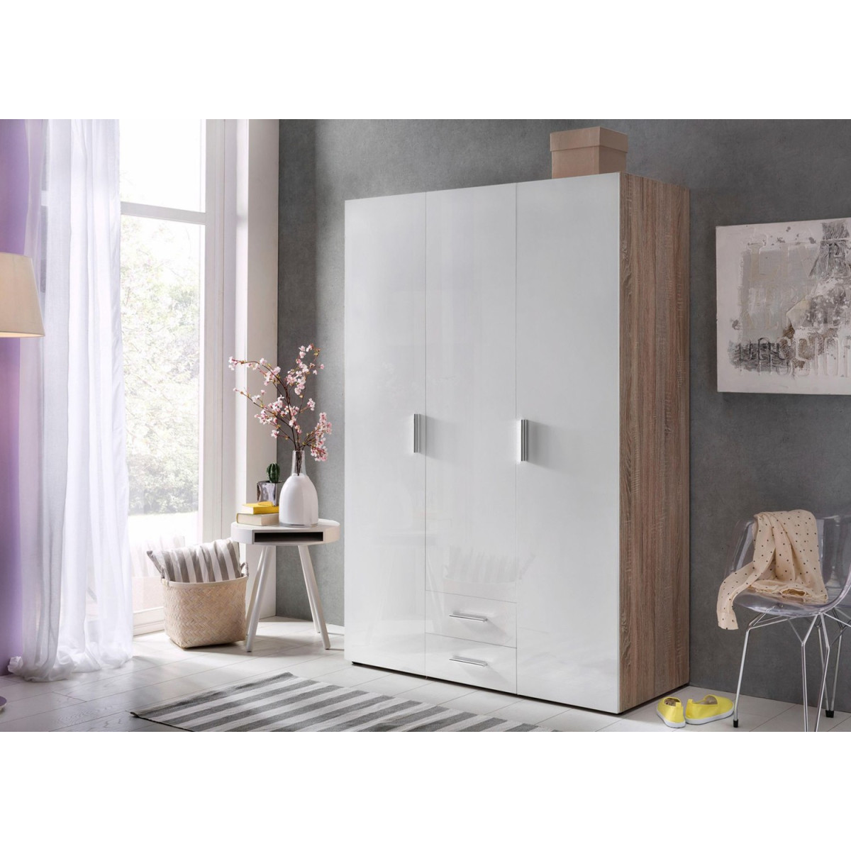 Armoire dressing 3 portes blanc brillant et décor chêne