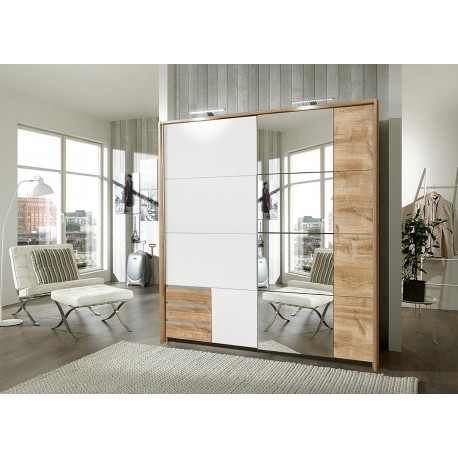 Armoire blanche et chêne avec miroir 2 portes coulissantes