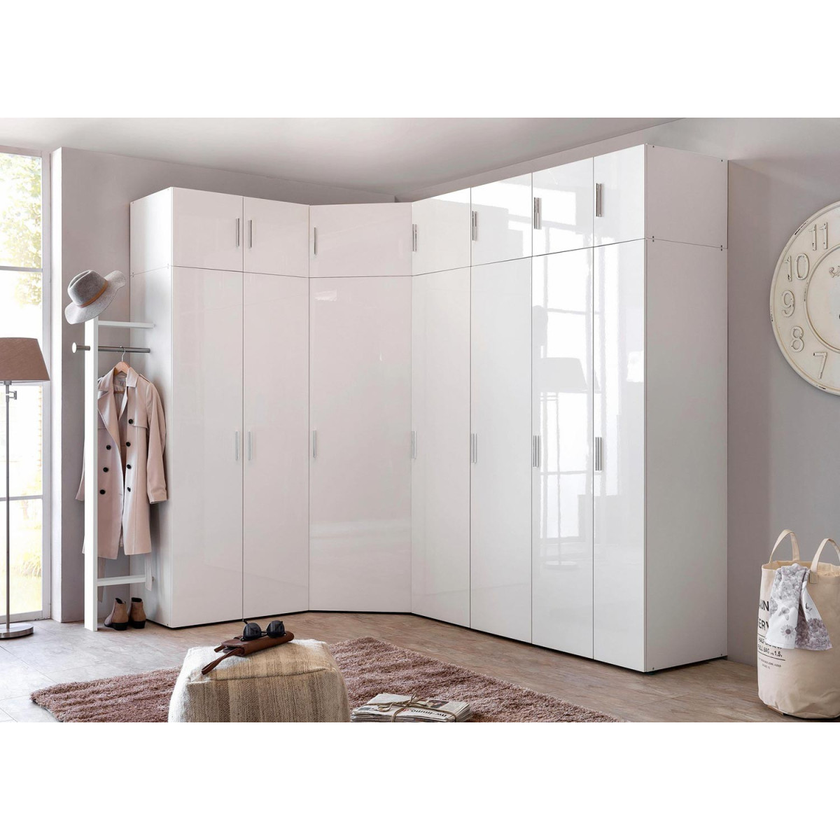 Armoire d'angle dressing blanc brillant design