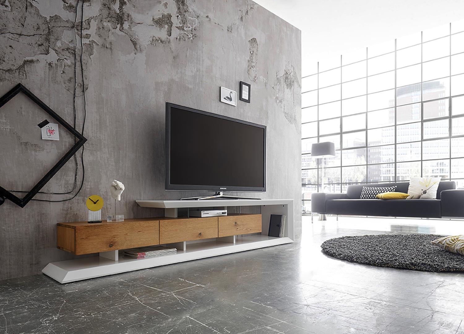 Meuble TV moderne laqué blanc mat et chêne 198 cm