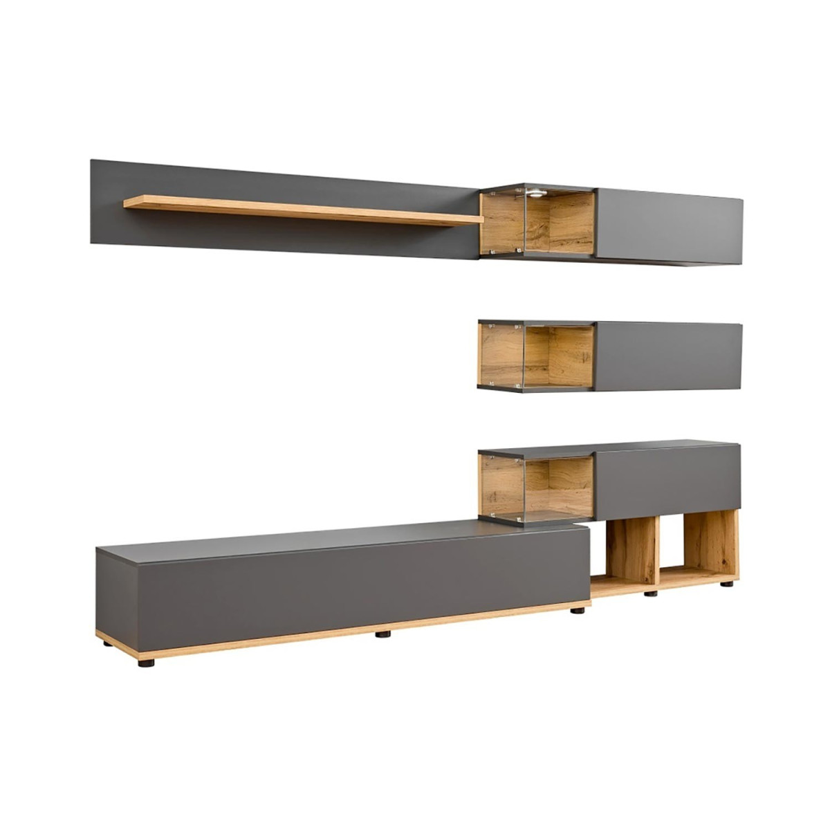 Ensemble meuble TV mural anthracite et bois