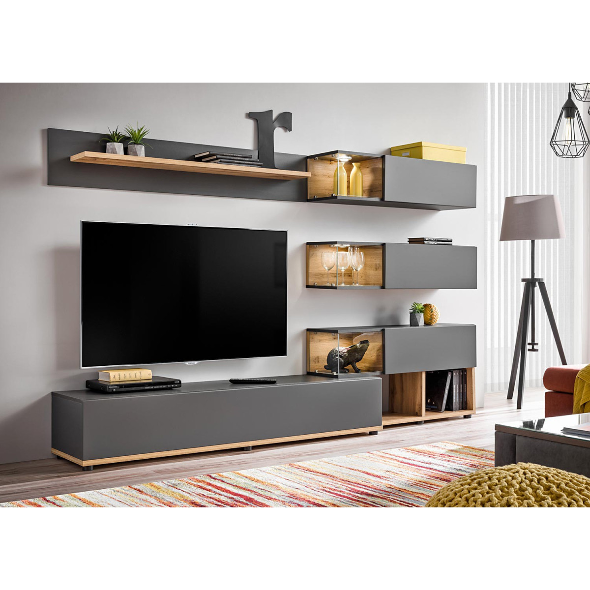 Ensemble meuble TV mural anthracite et bois