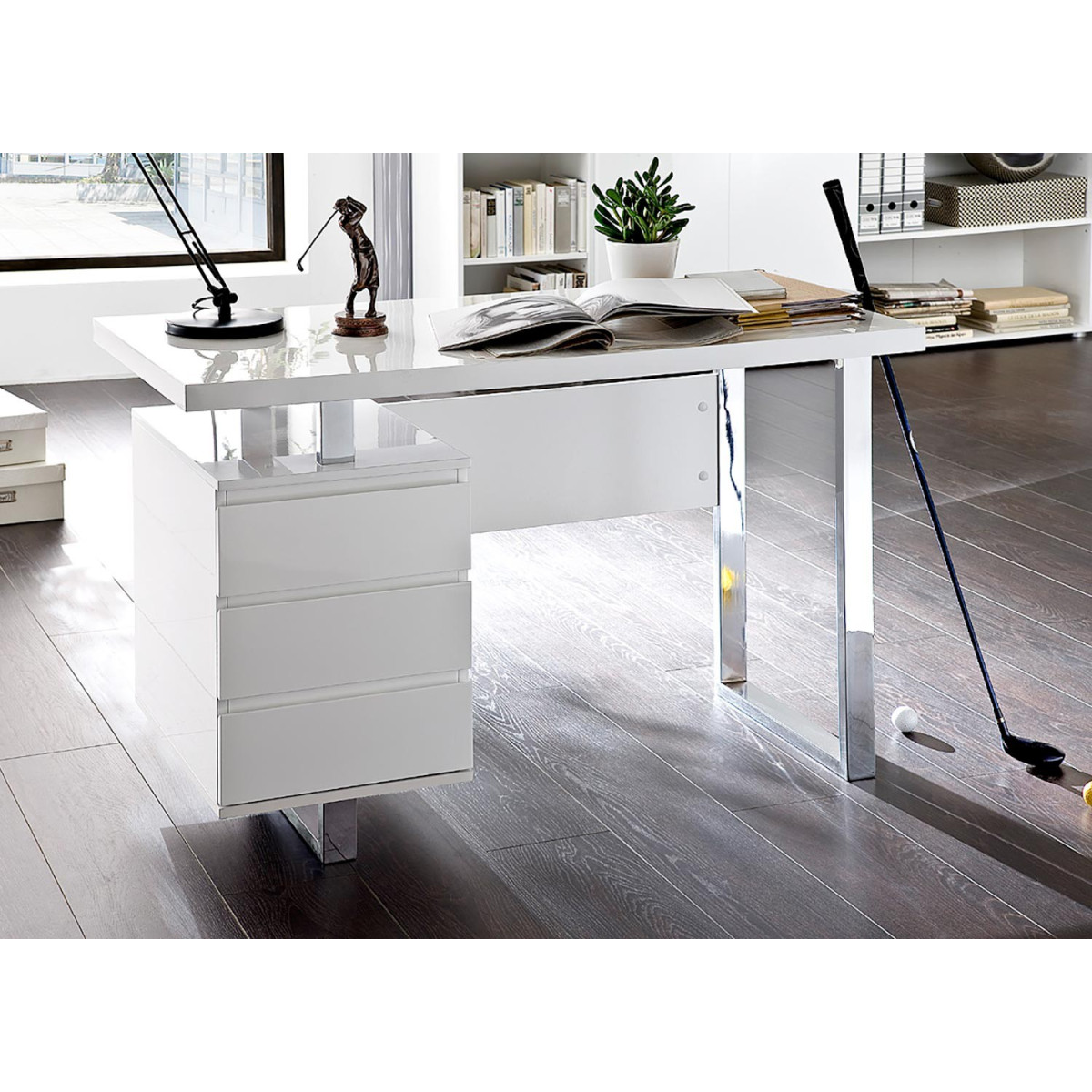 Bureau blanc laqué brillant 3 tiroirs