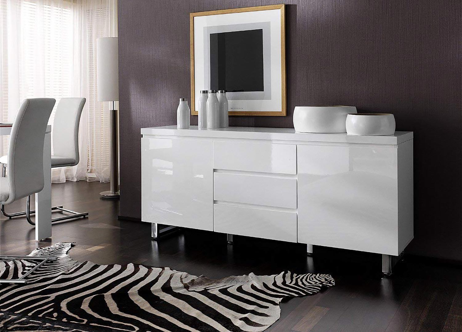 Buffet blanc laqué 2 portes, 3 tiroirs