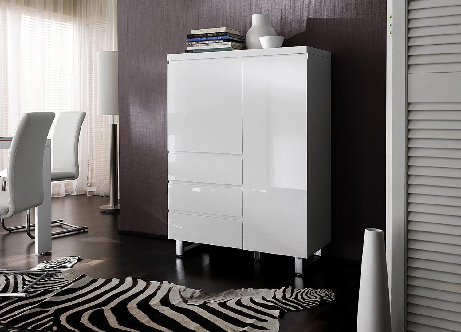 Buffet haut blanc laqué 2 portes, 3 tiroirs