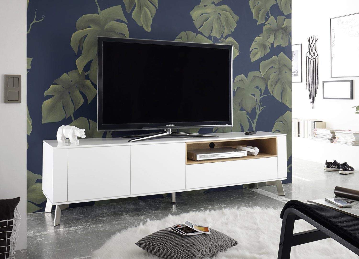 Meuble TV blanc laqué mat et bois 180 cm