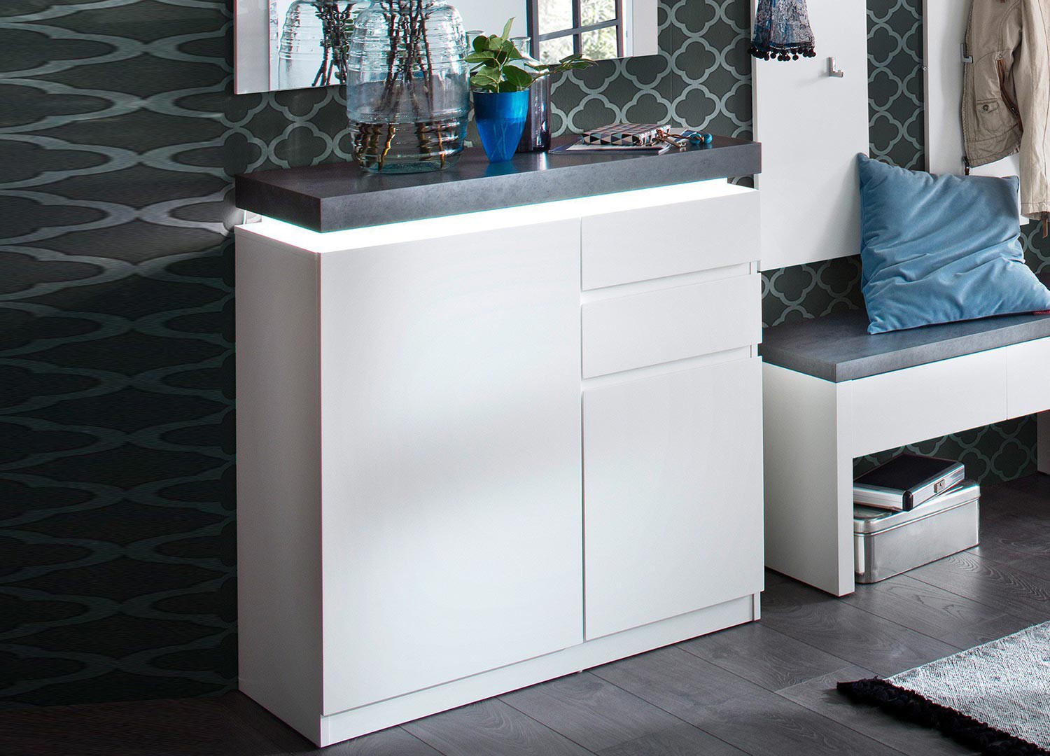 Meuble rangement entrée blanc et gris + miroir