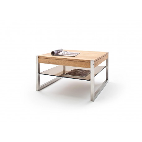 Table basse carrée bois massif et étagère en verre