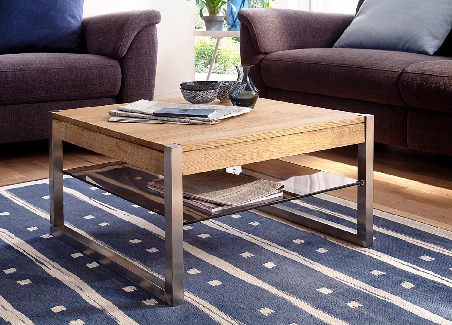 Table basse carrée bois massif et étagère en verre