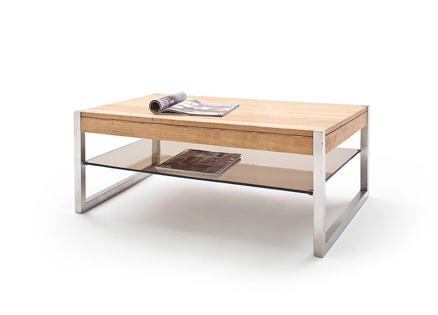 Table basse rectangulaire bois massif et étagère en verre