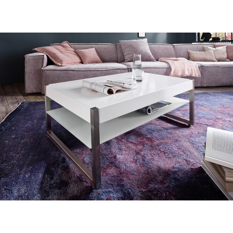 Table basse rectangulaire laqué blanc mat et verre blanc