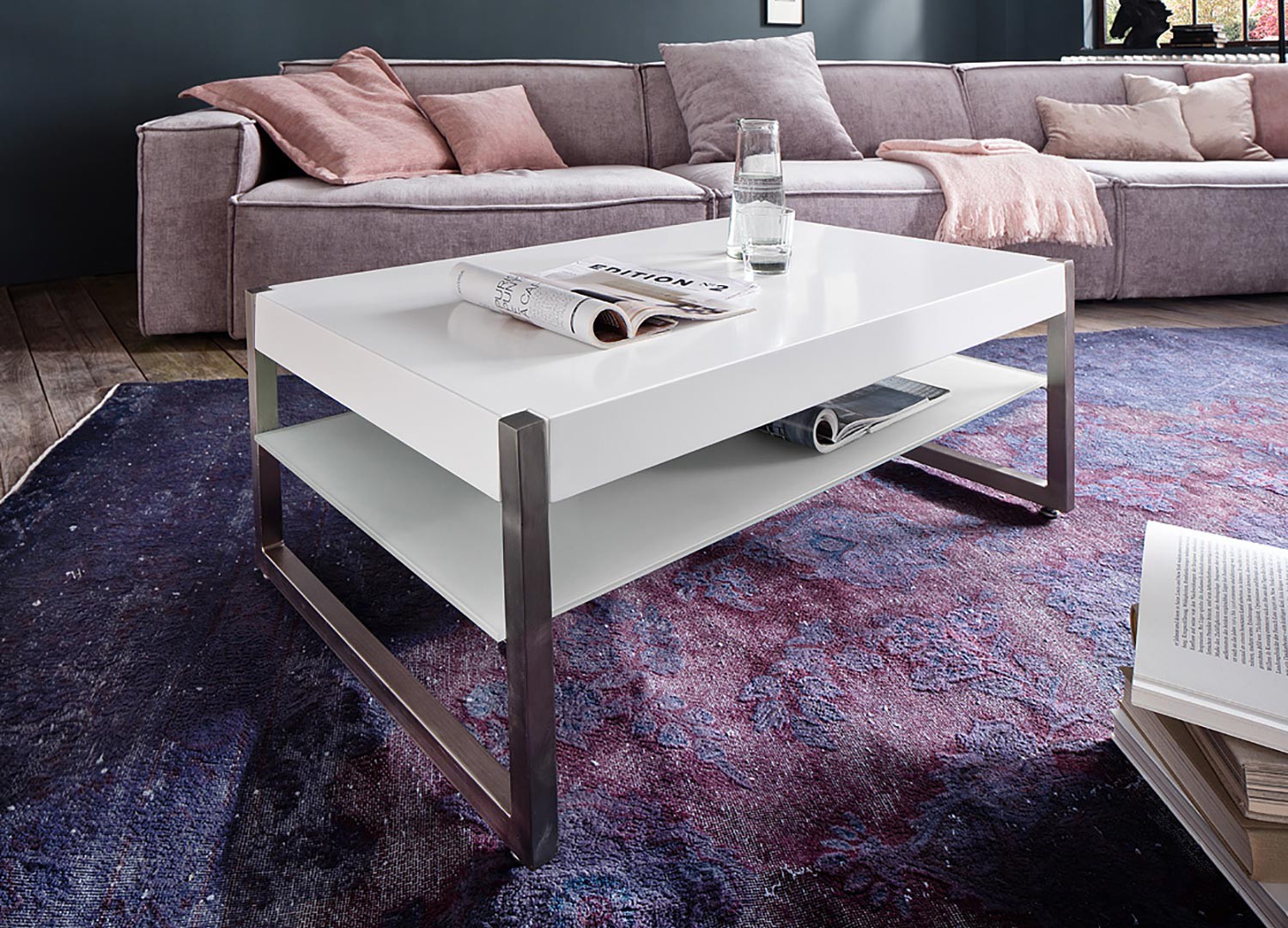 Table basse rectangulaire laqué blanc mat et verre blanc