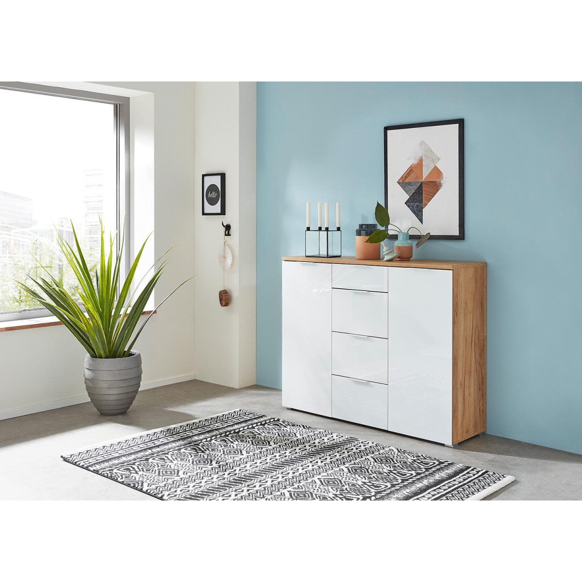 Meuble buffet bois et blanc façade en verre 135 cm