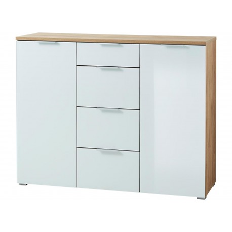 Meuble buffet bois et blanc façade en verre 135 cm