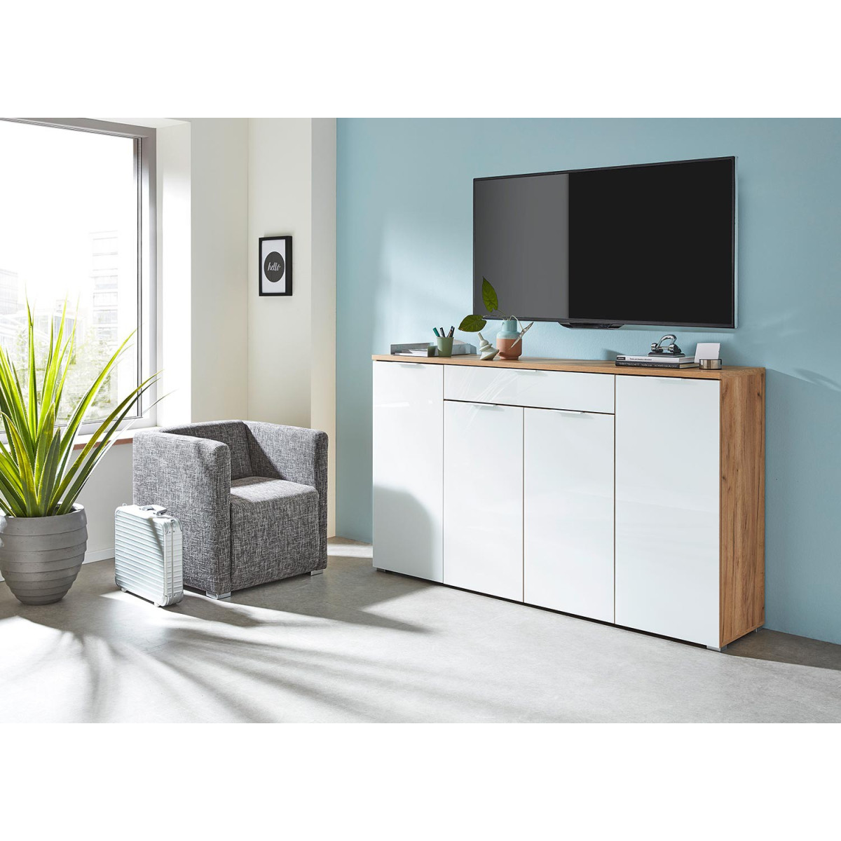 Meuble buffet moderne bois et blanc façade en verre 180 cm