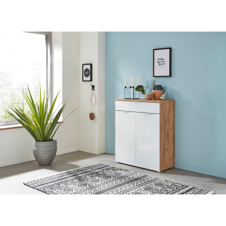 Meuble rangement commode bois et blanc façade en verre