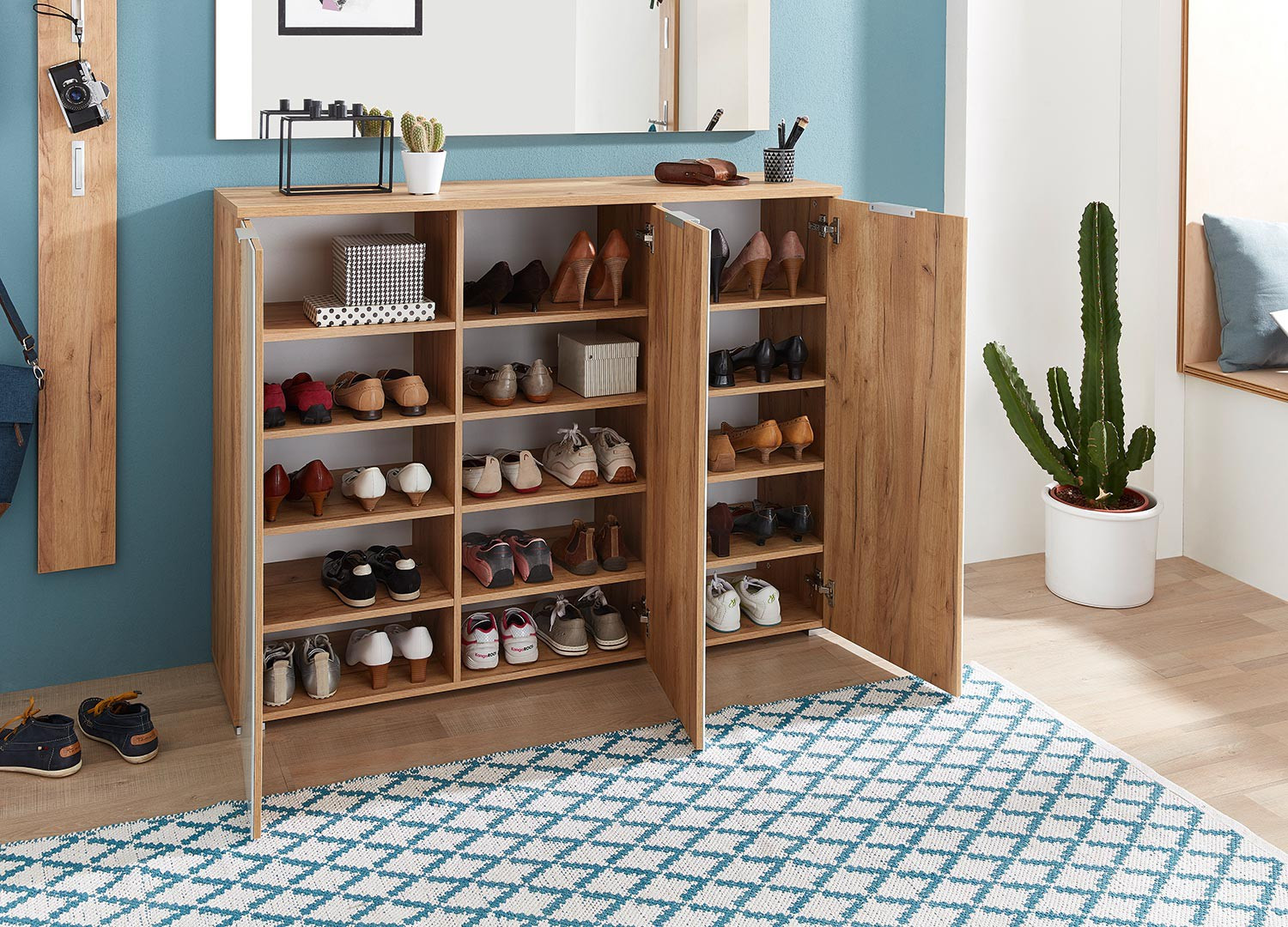 Armoire rangement entrée bois et verre blanc avec miroir - Cbc-Meubles