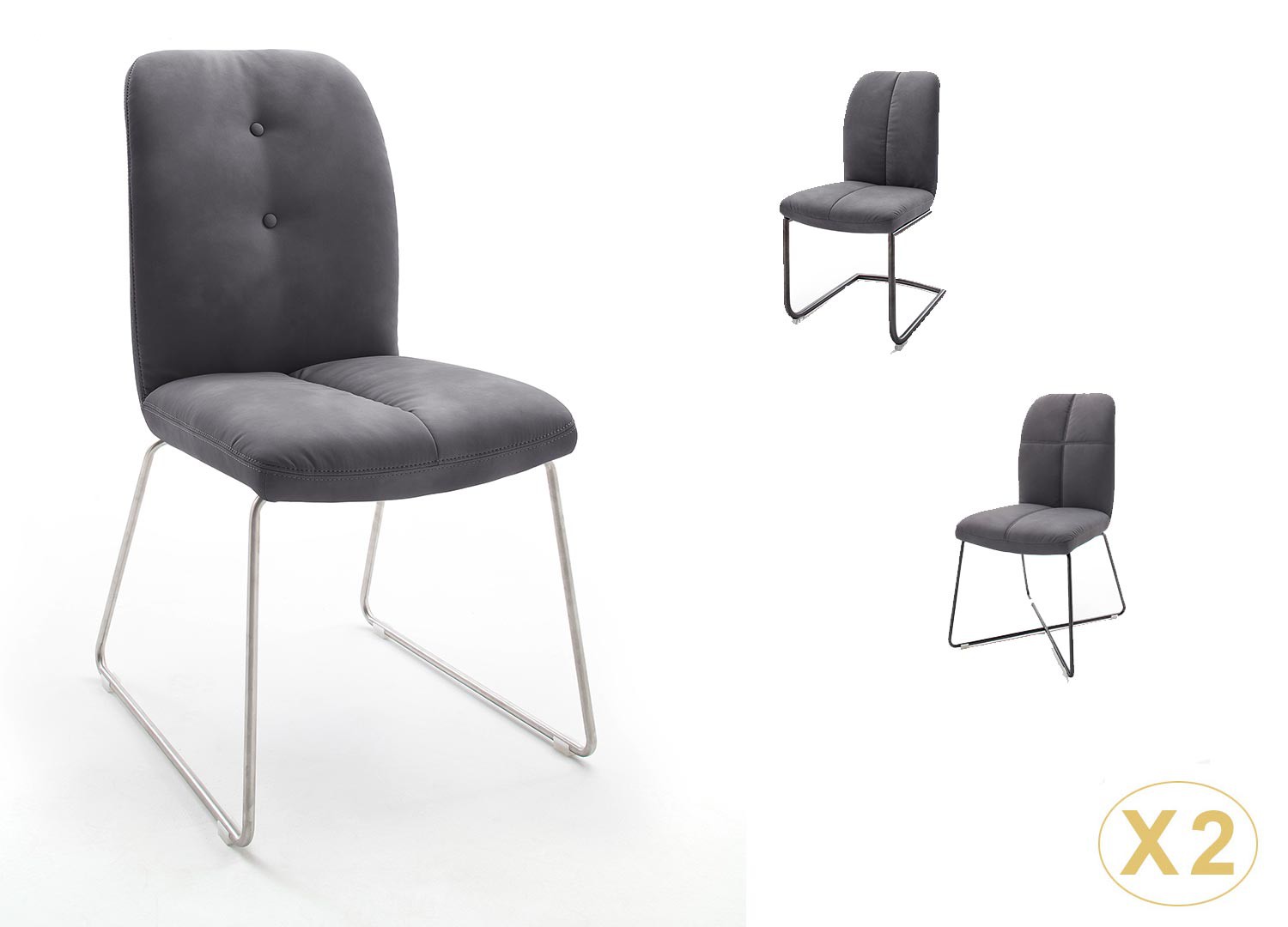 Chaise capitonnée grise cuir synthétique avec piétement métal