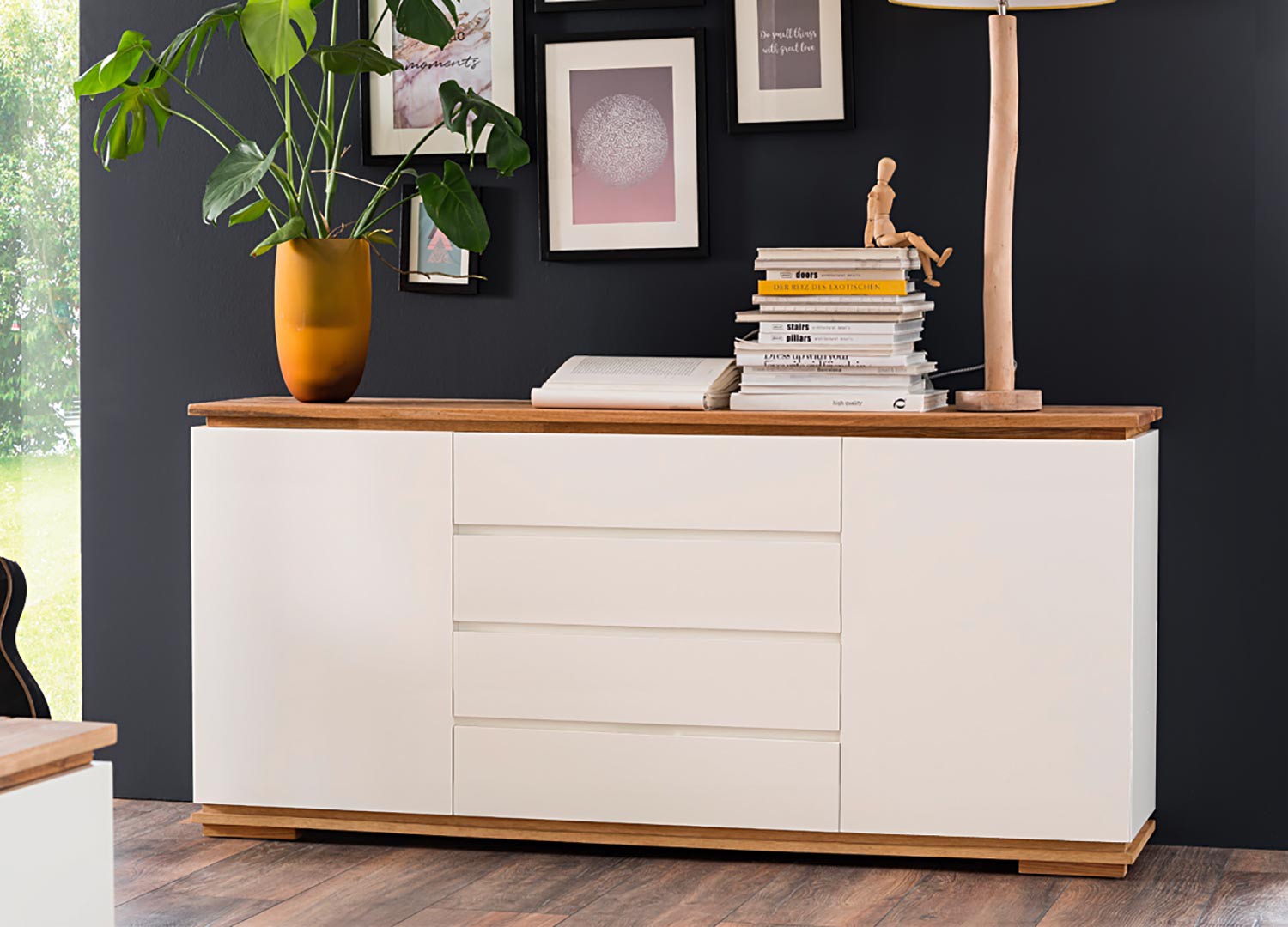 Meuble buffet blanc et chêne massif 2 portes et 4 tiroirs