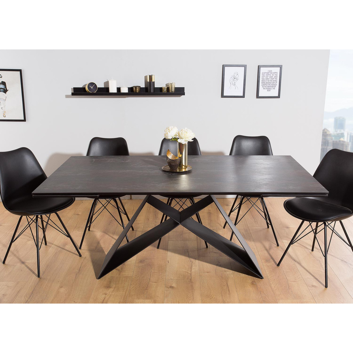 Table à manger en céramique lave 180-260 cm et pieds métal noir