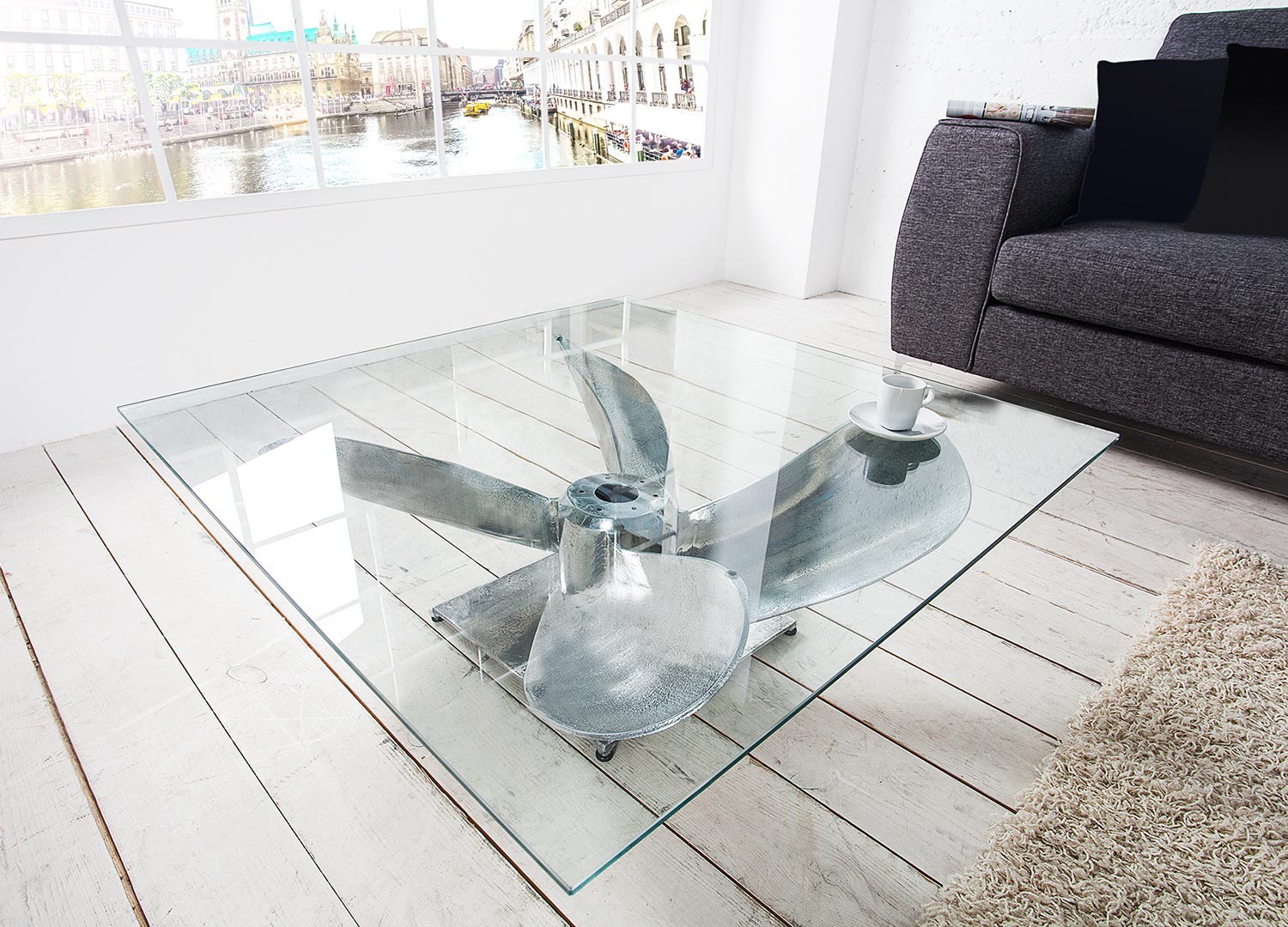 Table basse carrée verre et argent