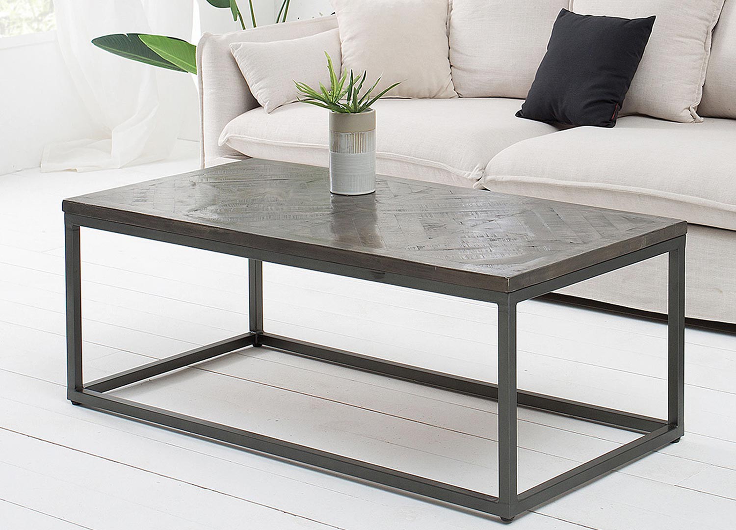 Table basse rectangulaire plateau bois massif teinté gris 120 cm