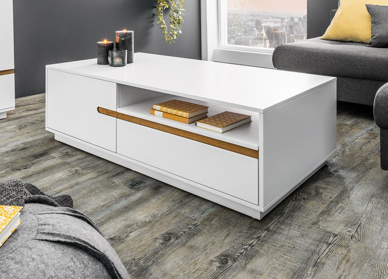 Table basse 2 portes, 2 tiroirs et 1 compartiment blanche et chêne